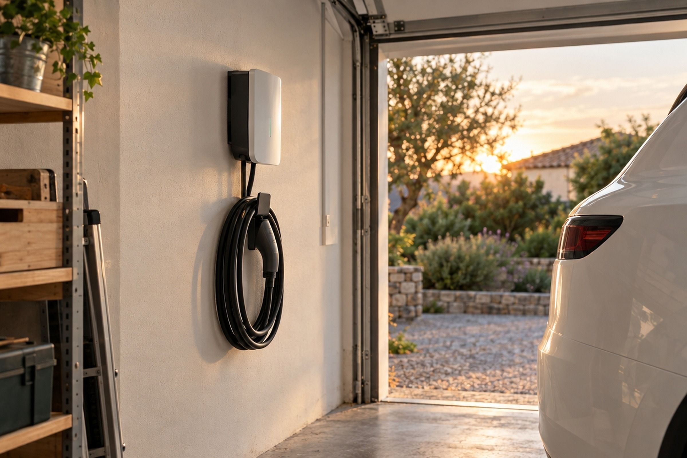 Borne de recharge murale dans un garage ouvert sur un jardin au soleil couchant, câble enroulé sur son support et voiture blanche garée à côté