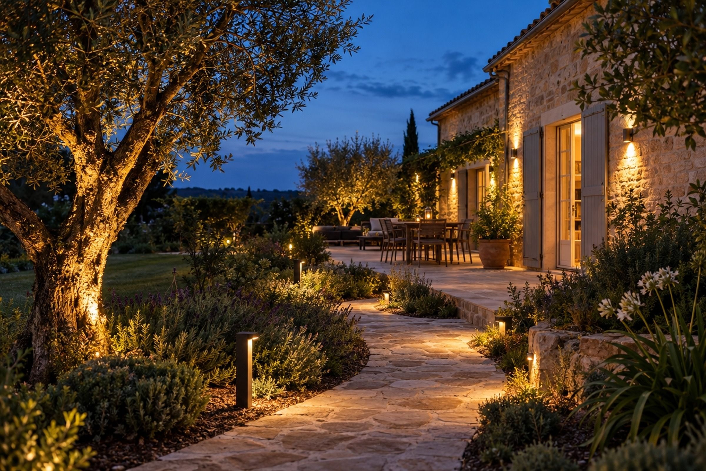 Jardin et terrasse d’une maison en pierre à la nuit tombante : olivier éclairé par le bas, bornes lumineuses le long d’une allée dallée et appliques en façade