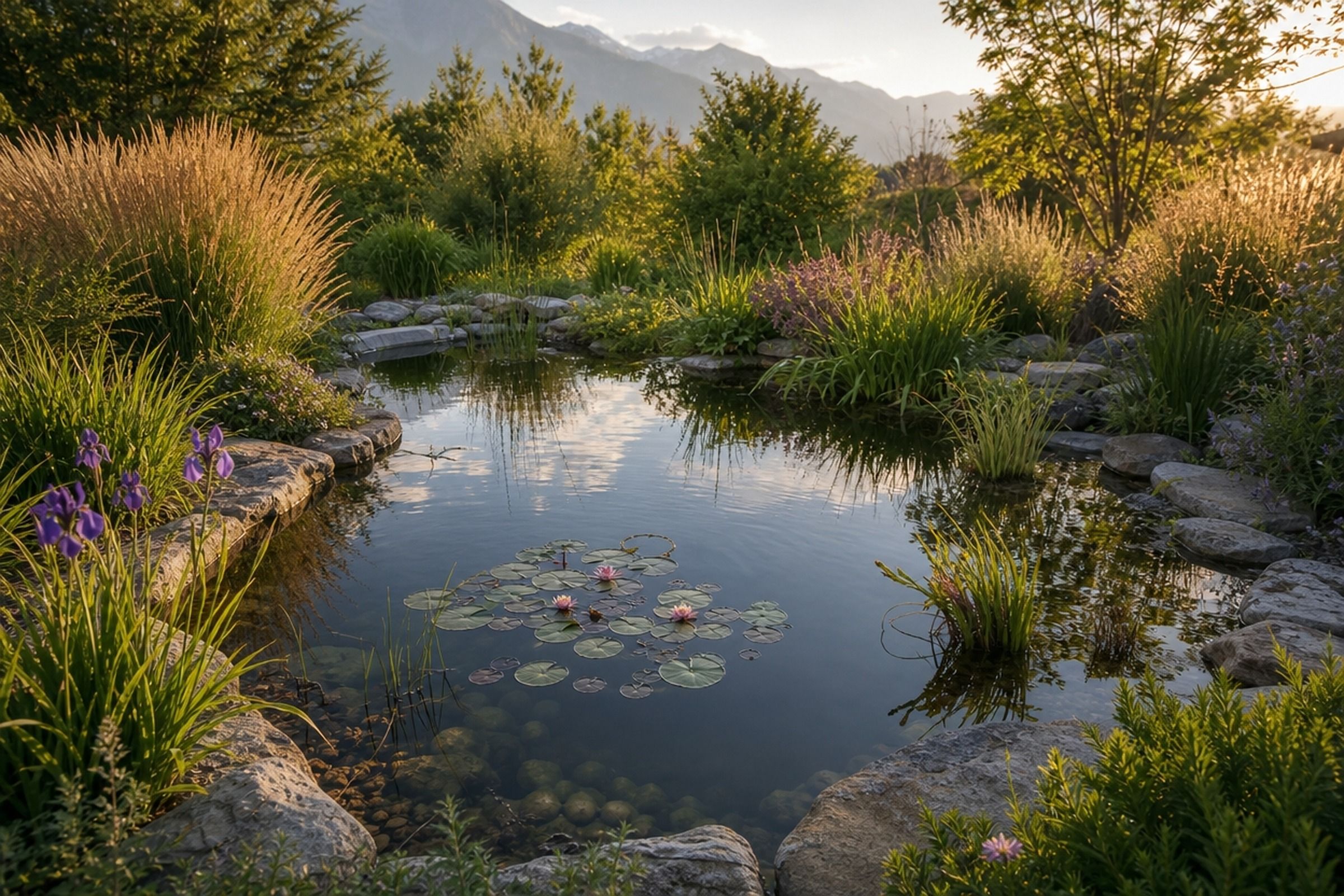 Bassin naturel bordé de pierres, avec des nénuphars en fleur.